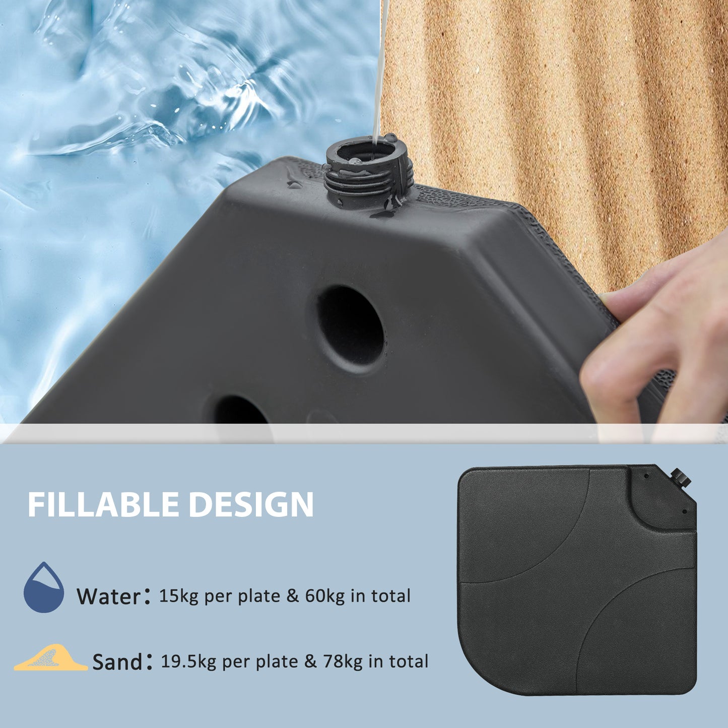 4 Piece Umbrella Base Stand w/ U Locking, 132 lb Capacity Water or 172 lb Capacity Sand, Black