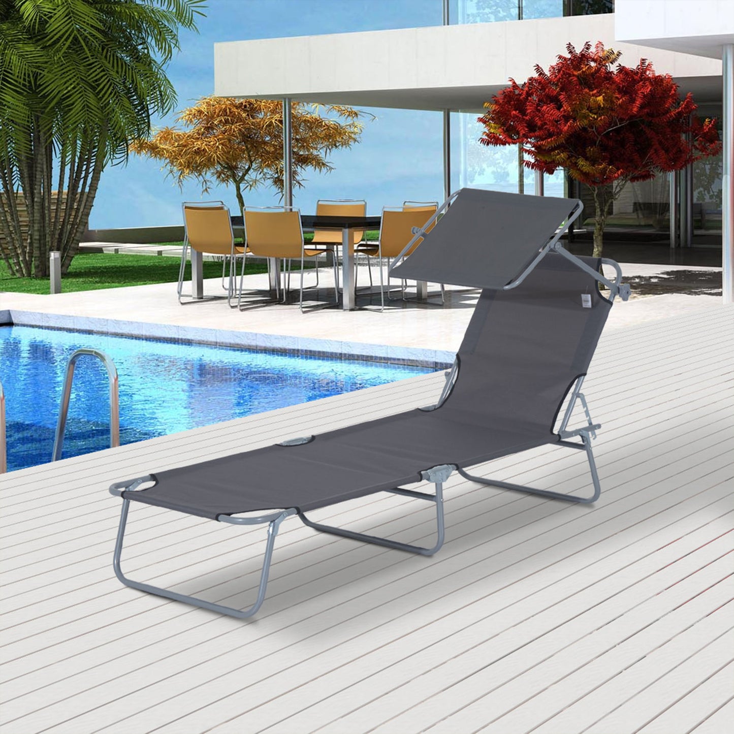 Outdoor Lounge Chair, Adjustable Folding Chaise Lounge, Tanning Chair with Sun Shade for Beach, Camping, Hiking, Backyard, Light Grey