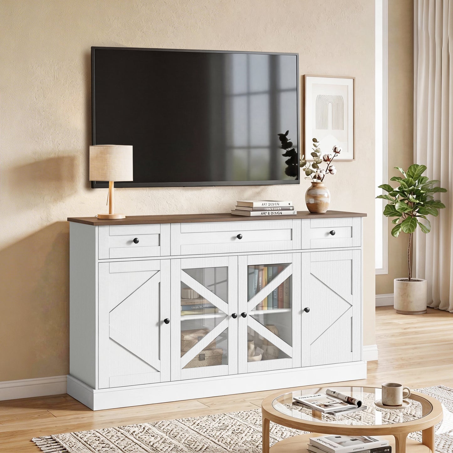 Sideboard Buffet Cabinet, 54" Farmhouse Kitchen Storage Cabinet with Acrylic Barn Doors and 3 Drawers, White Wood Grain