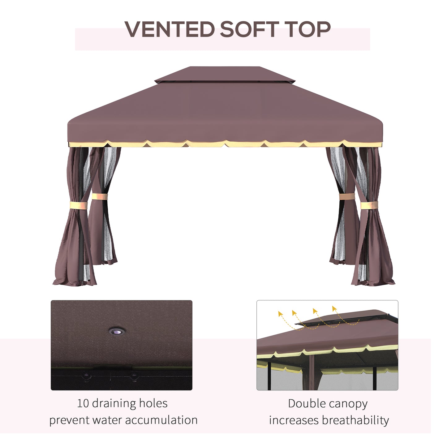 10 x 13ft Aluminum Frame Gazebo Canopy Double Tier Garden Shelter with Netting and Curtains, Coffee
