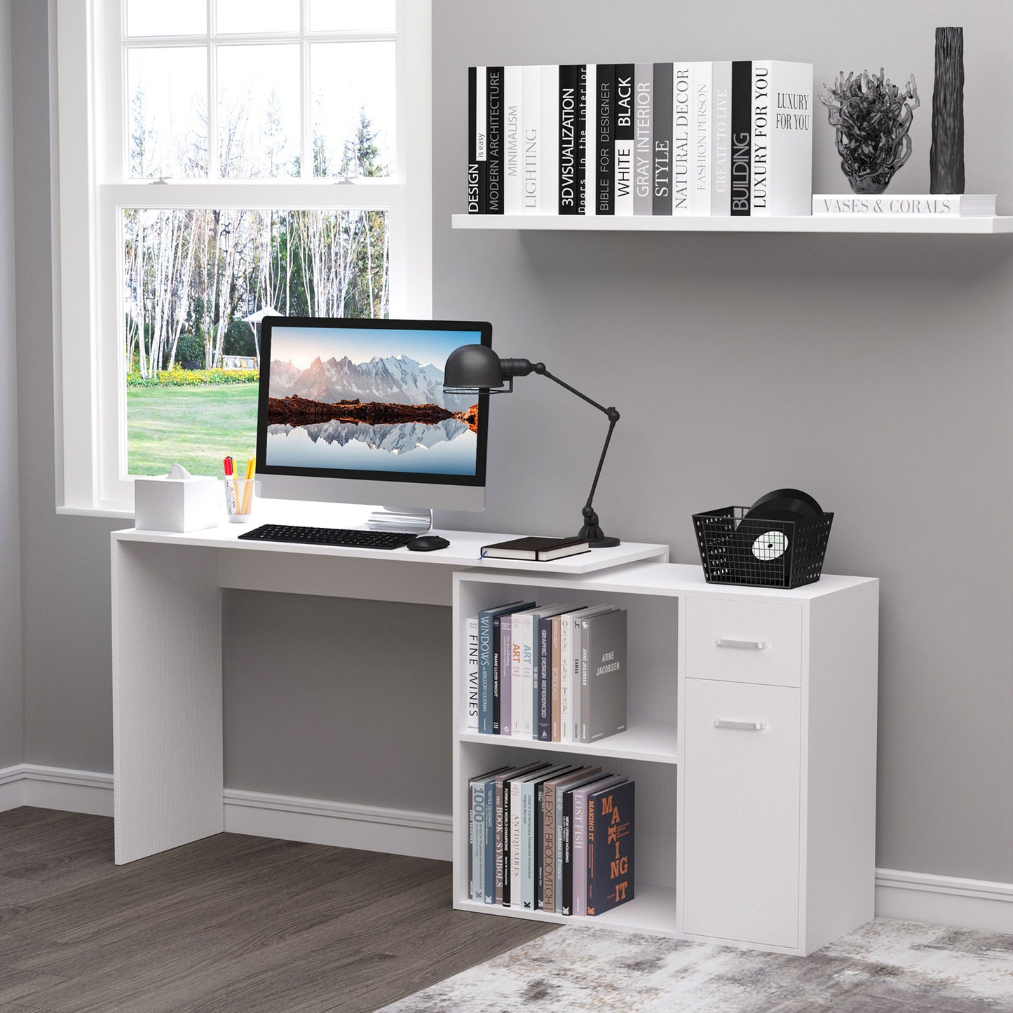 180° Rotating Home Office Corner Desk Storage Shelf Cabinet White