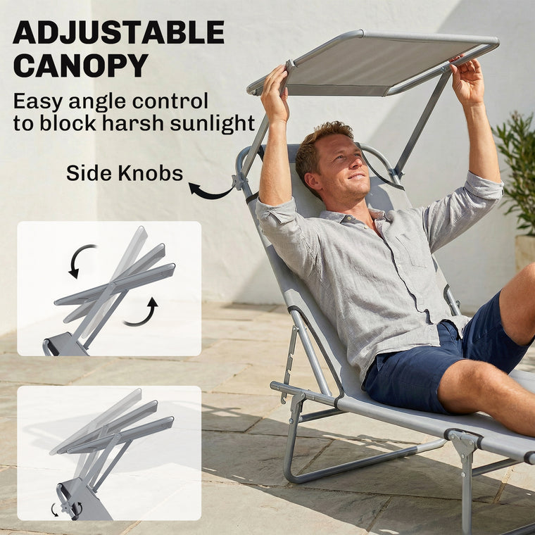 Adjustable Folding Chaise Lounge with Sun Shade - Light Grey