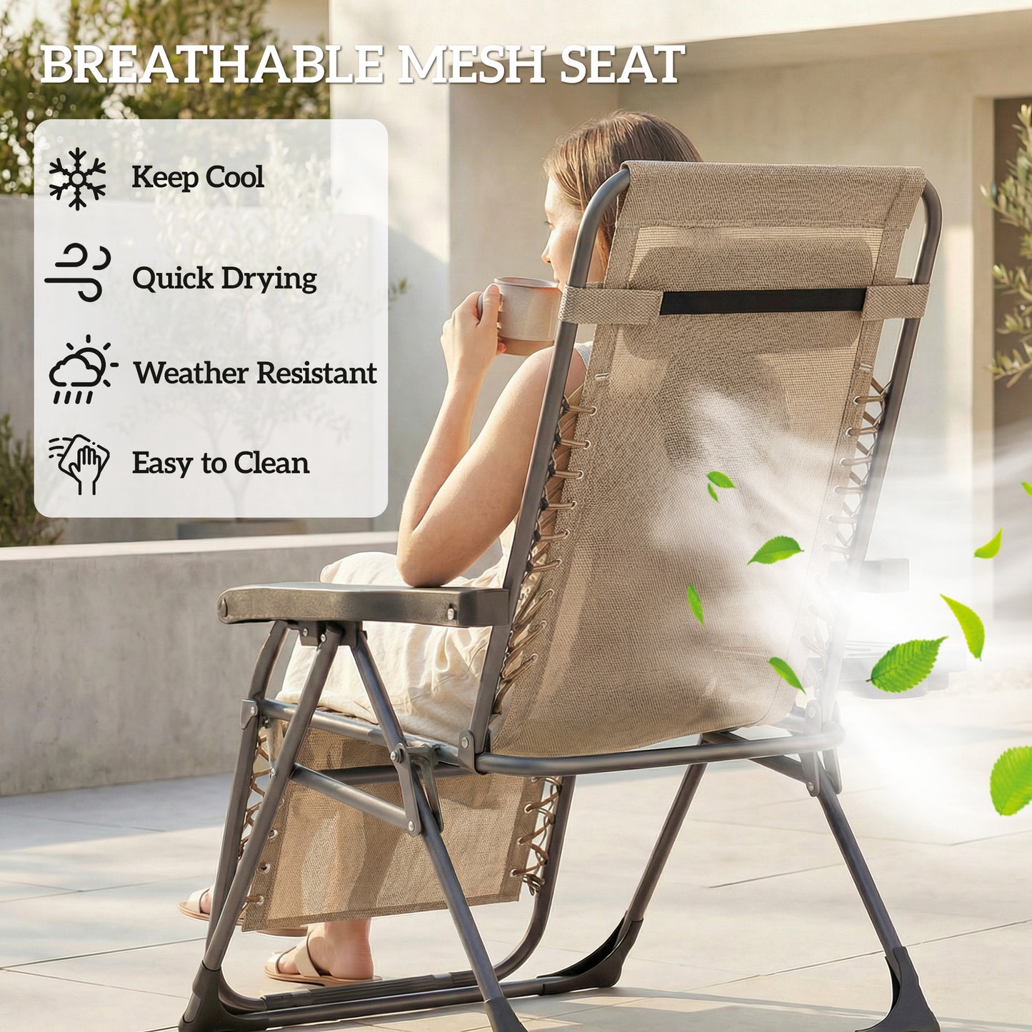 Zero Gravity Chair Set of 2, Folding Reclining Outdoor Lounge Chair with Cup Holder, Headrest, Light Brown
