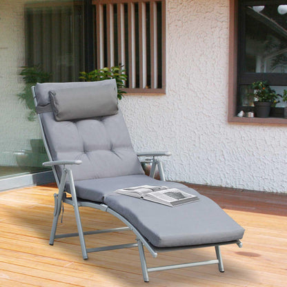 Outdoor Folding Chaise Lounge Chair Recliner with Portable Design, Adjustable Backrest, Cushion and Headrest, Black - Grey
