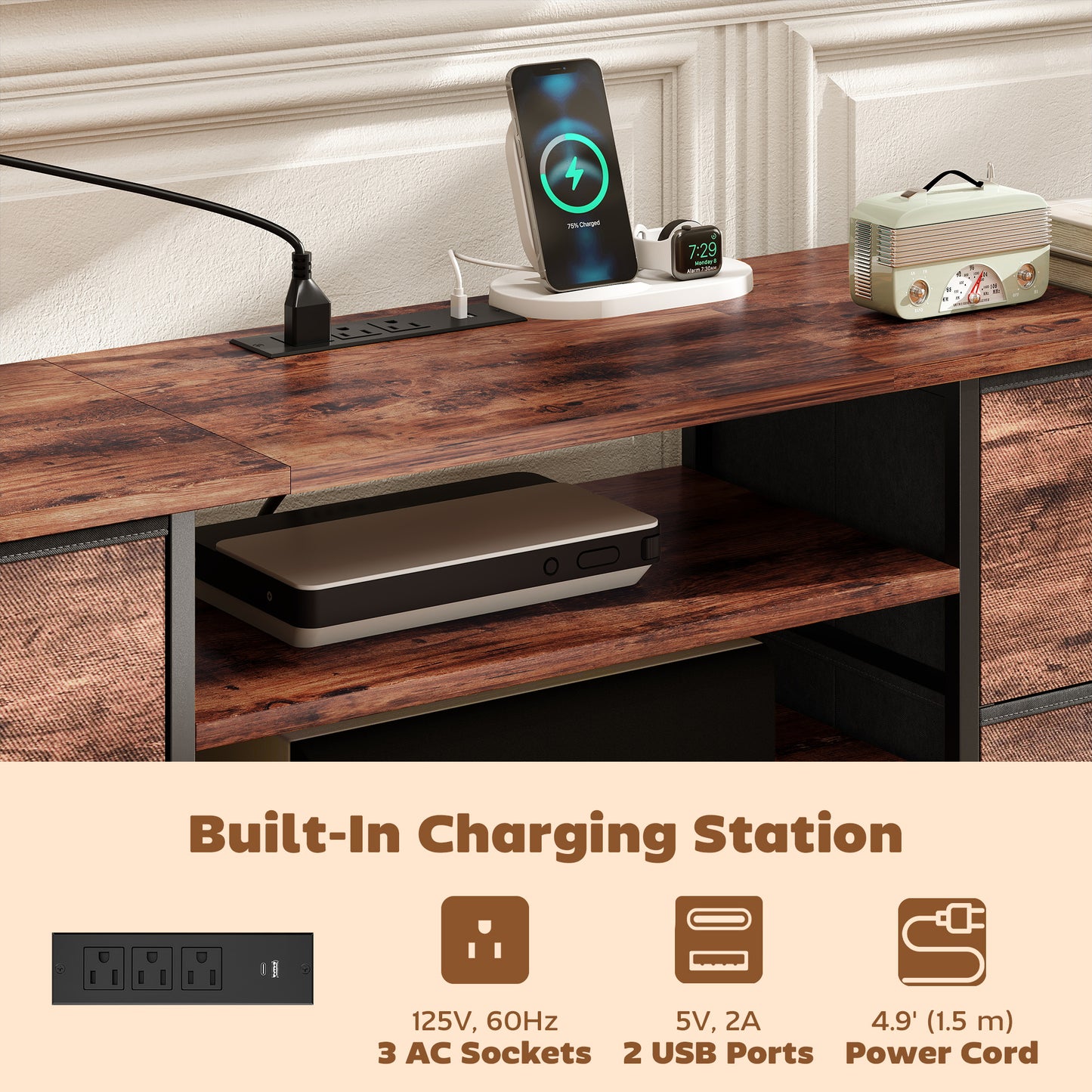 TV Stand for TVs up to 65 Inch, Industrial TV Console with Charging Station, 5 Drawers and Open Shelves, Rustic Brown
