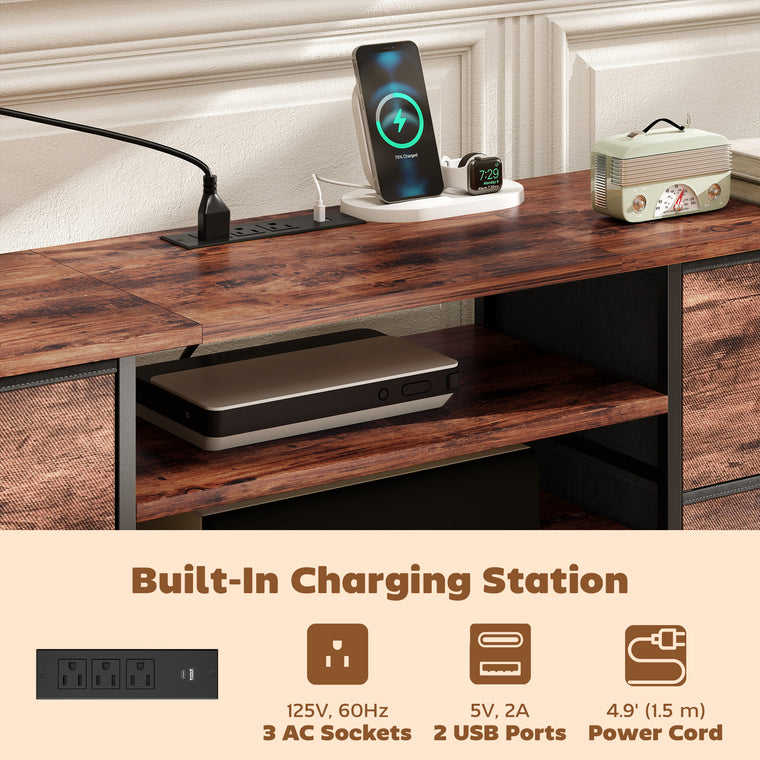 65" TV Stand with 5 Drawers and Charging Station - Rustic Brown