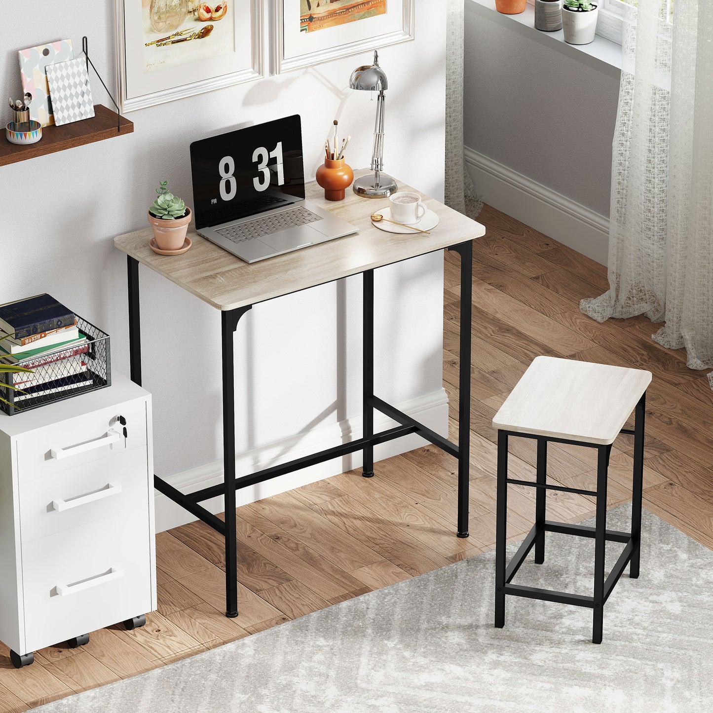 3-Piece Dining Table Set for 2, Bar Table and 2 Stools for Kitchen, Living Room, Dining Room, Small Space, Natural Wood