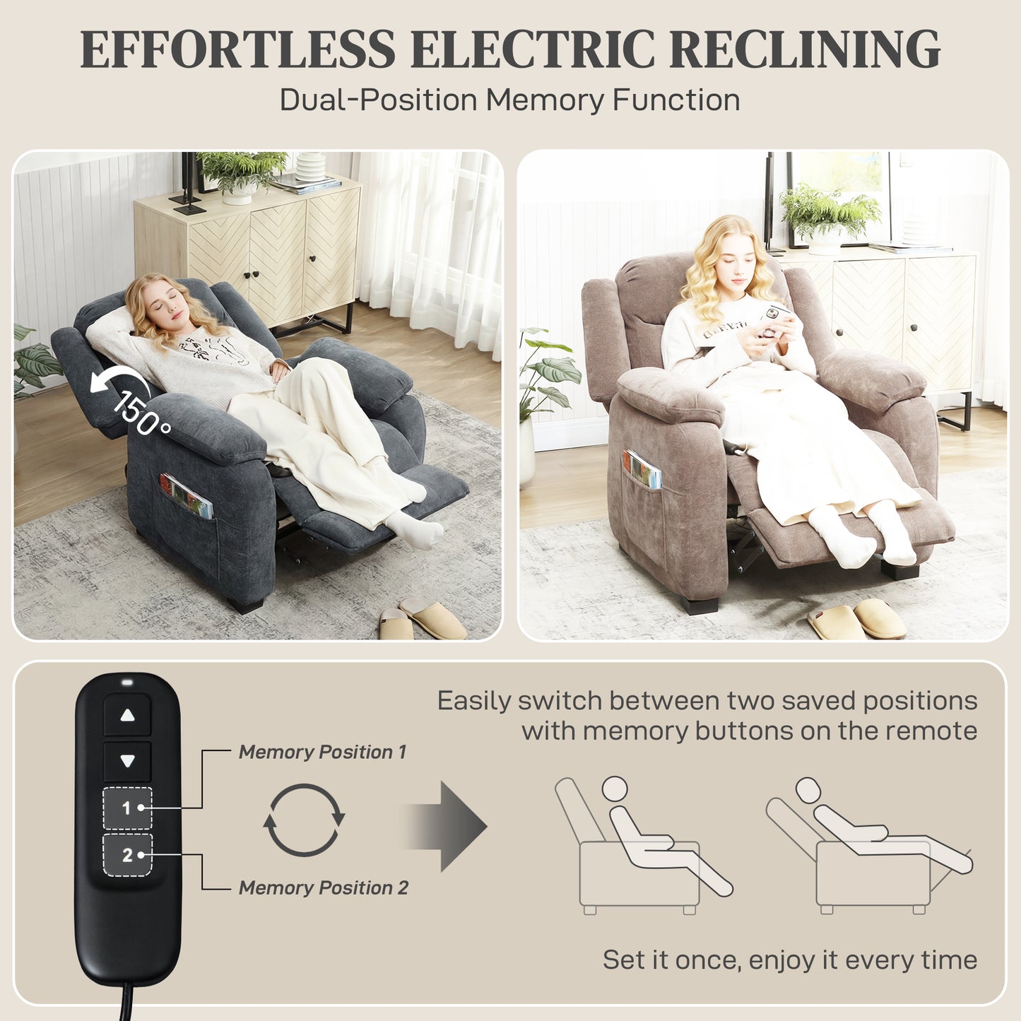 Massage Recliner Chair, Power Recliner with Quiet Brushless Motor, Remote, Pockets, 2 Memory Positions, Dark Grey