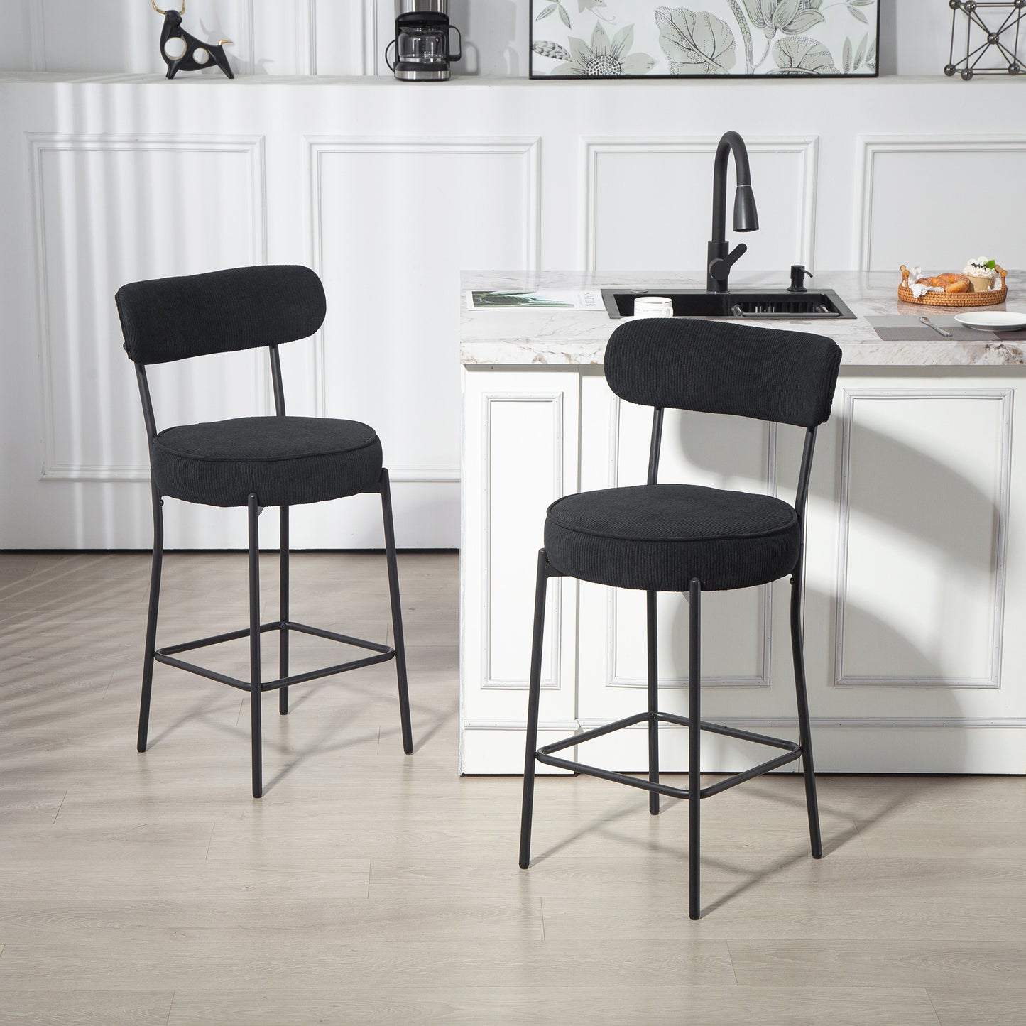 Set of 2 Barstools, Upholstered Corduroy Bar Stools with Backrest, Footrest for Kitchen Island, Dining Room, Black