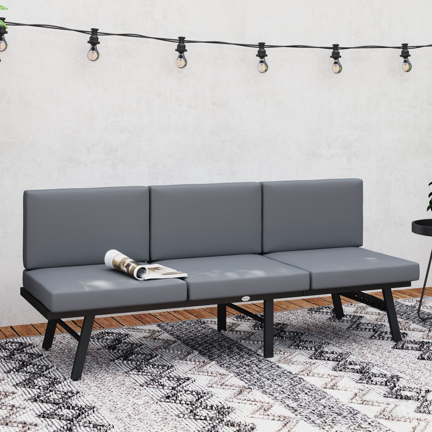 3-in-1 3-Seater Outdoor Sofa, Lounge Chair with 5-Position Adjustable Back, Patio Loveseat with Folding Table, Grey
