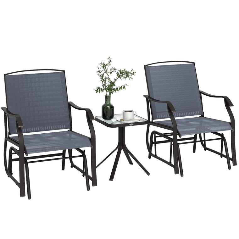 Grey 3-Piece Patio Glider Set with Glass Top Table