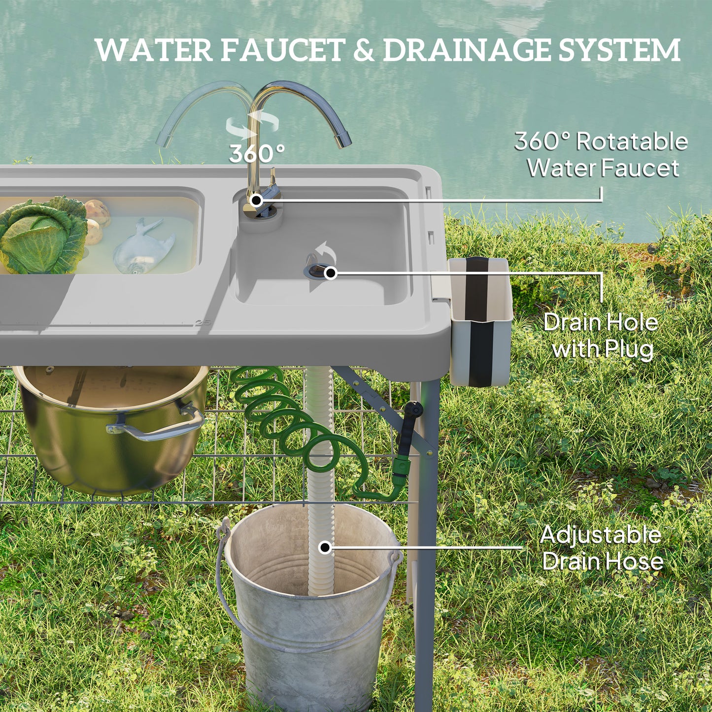 Folding Fish Cleaning Table with Sinks, Camping Sink with Faucet Drainage Hose Sprayer Shelf, Grey