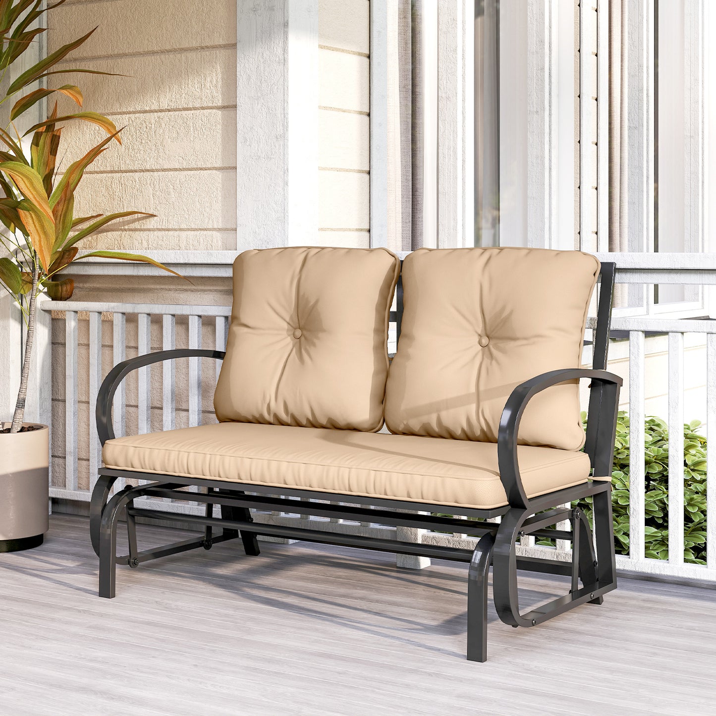 2-Person Outdoor Glider Chair, Patio Double Rocking Loveseat with Steel Frame and Cushions for Backyard, Garden and Porch, Khaki