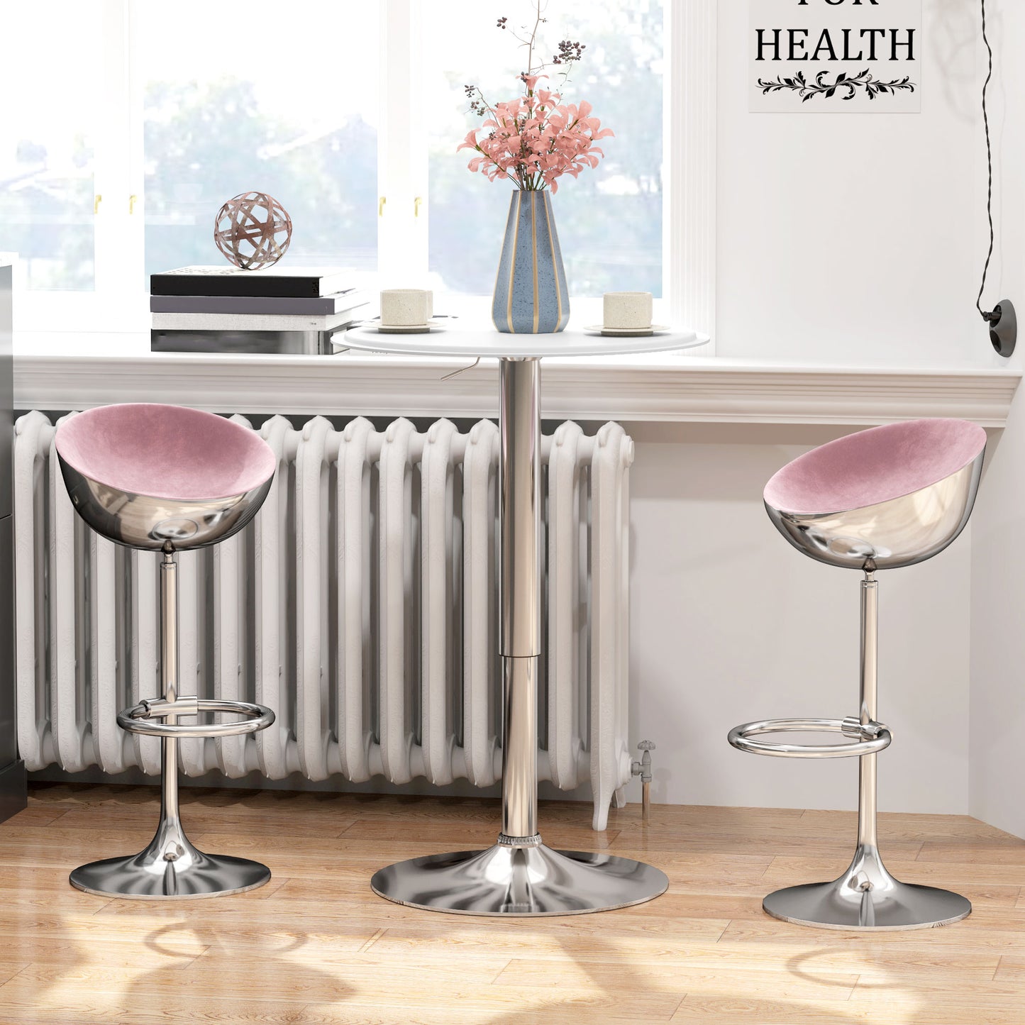 Modern Round Bar Table Adjustment Height Home Pub Bistro Desk Faux Leather Covered Wooden Top Chrome Base White