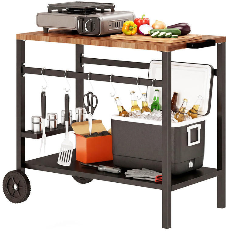 2-Tier Pizza Oven Stand with Beverage Holder & Hooks