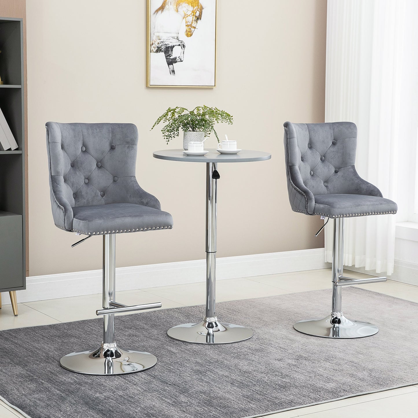 Modern Adjustable Bar Stools Set of 2, Swivel Velvet Barstools, Counter Height Bar Chairs with Button Tufted Back, Footrest, Nailhead Trim for Home Bar, Grey