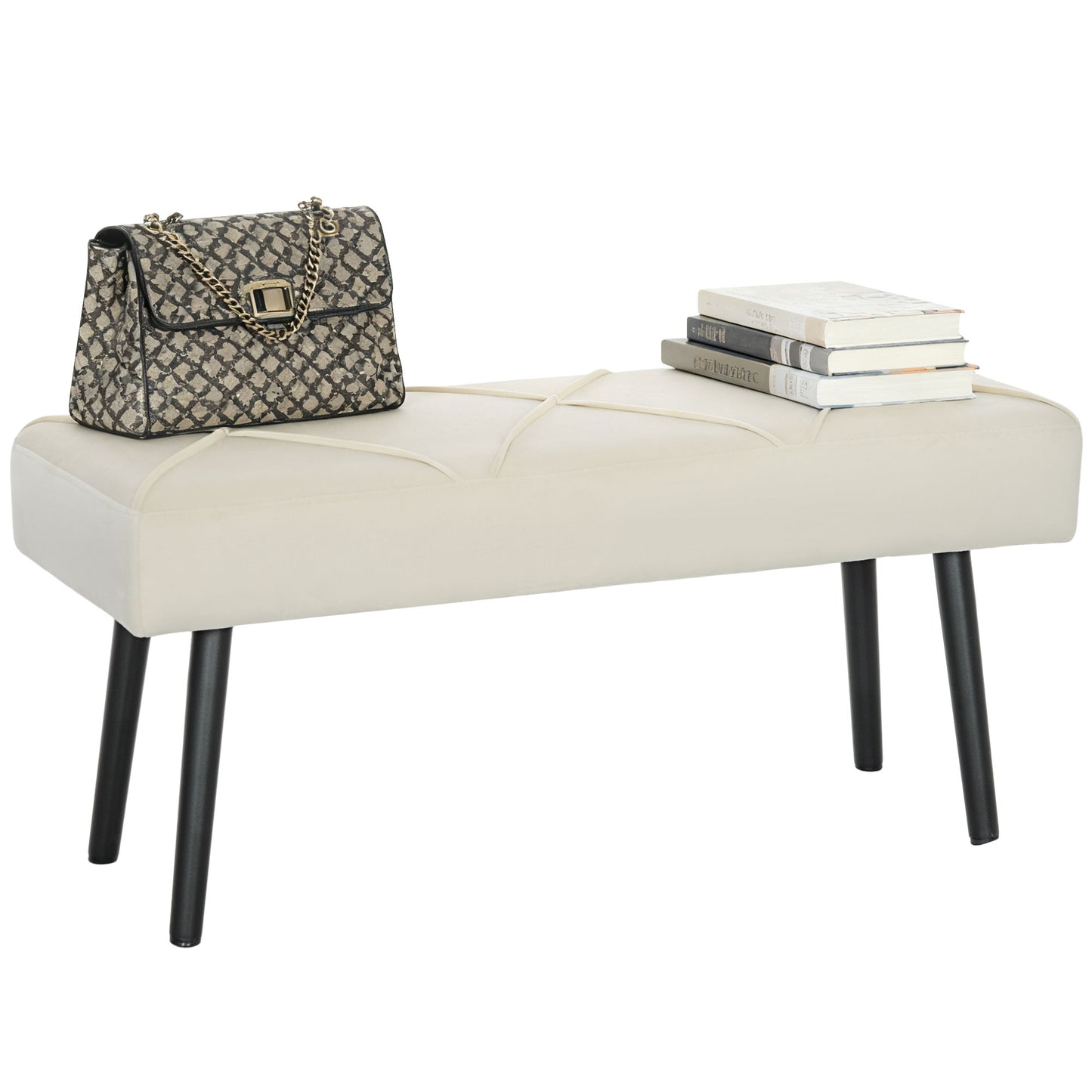 39 Inches Upholstered Bedroom Bench, Modern End of Bed Bench with Steel Legs, Cream White