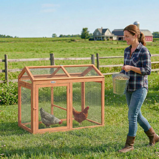 Wooden Chicken Run, Outdoor Chicken Coop with Perch and Dual Doors, Combinable Hen House Rabbit Hutch for Backyard