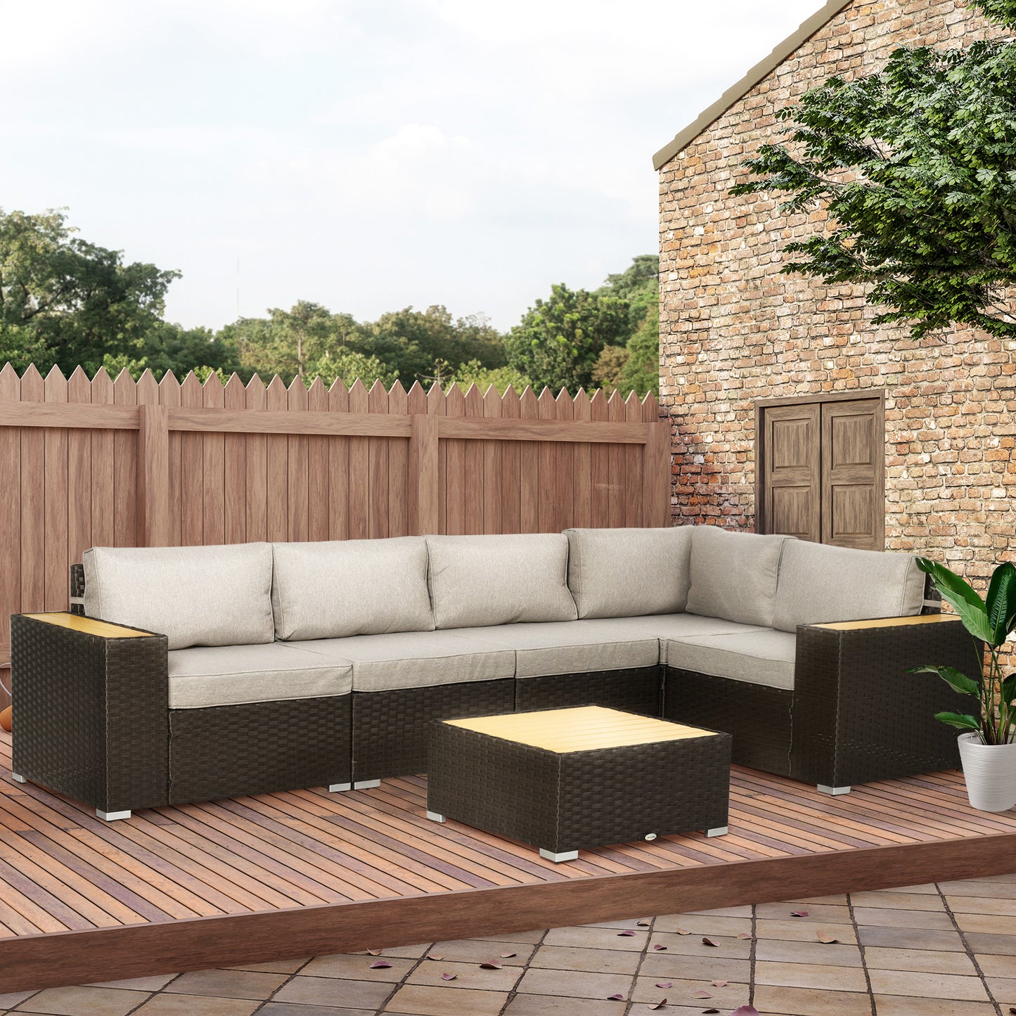 6 Pieces Outdoor Rattan Patio Furniture Set with Corner Sofa, Wood-Plastic Coffee Table, Navy Blue