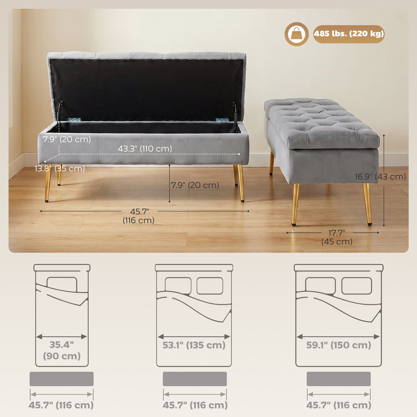 Upholstered Bedroom Bench with Gold Tone Metal Legs, Velvet Tufted and Thick Padding, Grey