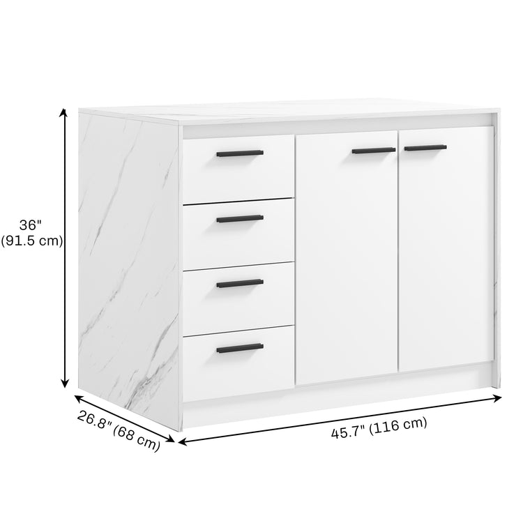 Kitchen Island with 4 Drawers & Faux Marble Top - White