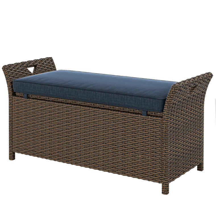 29 Gallon Wicker Deck Box Bench with Handles and Cushion
