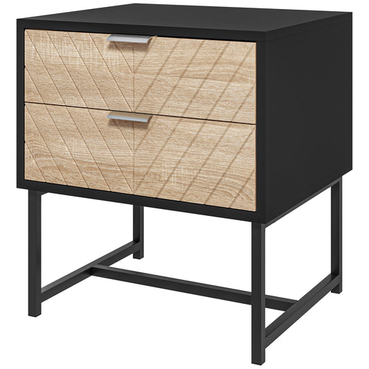 Bedside Table with 2 Drawers and Steel Frame - Black and Oak