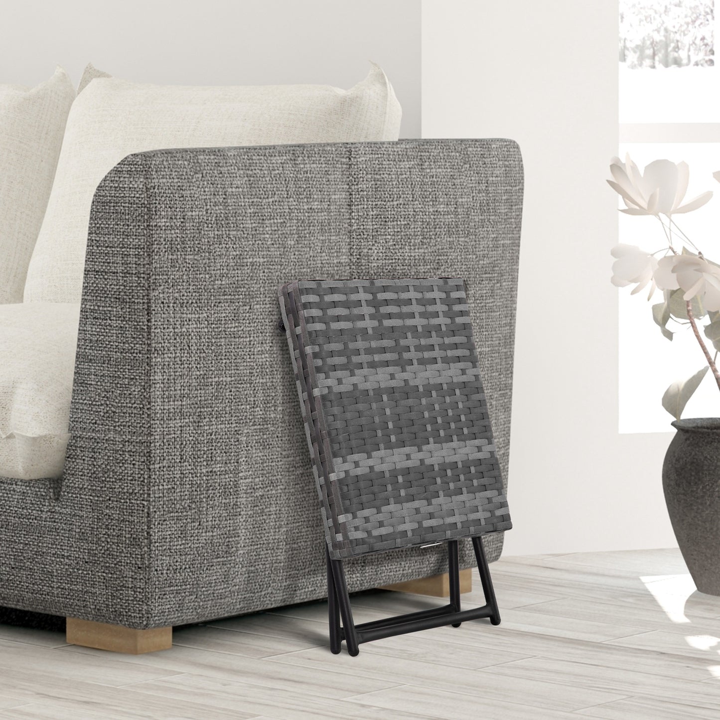 Rattan Coffee Table Folding Patio Outdoor Side Table Wicker for Balcony, Porch, Poolside, 15.75"x15.75"x15.75", Grey
