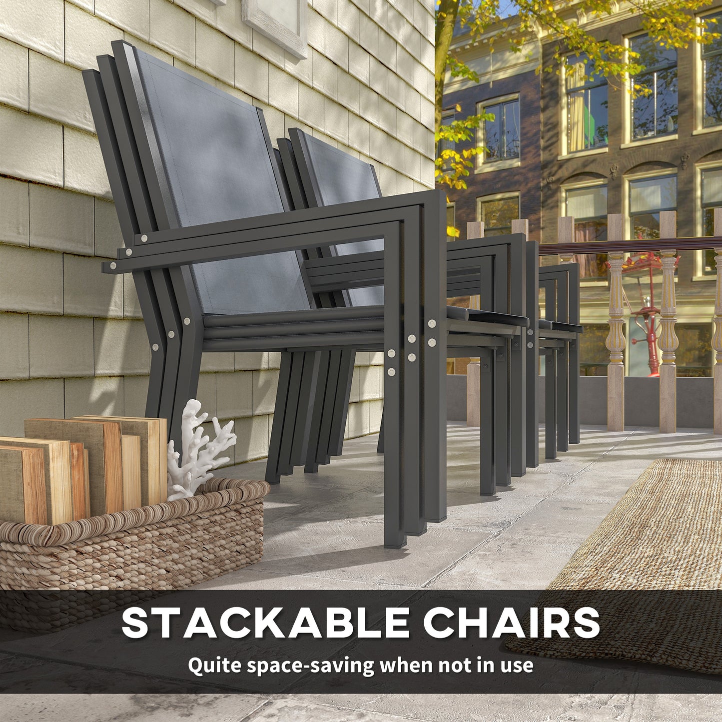 7 Piece Outdoor Dining Set with Rectangular Table and 6 Stackable Chairs, for Backyard, Lawn, Deck, Balcony, Pool Side