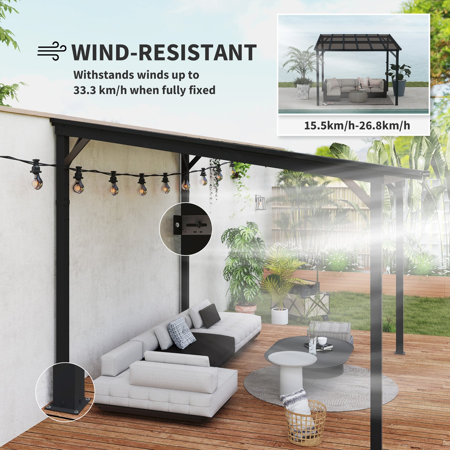Hardtop Gazebo Wall-Mounted / Free Standing Outdoor Pergola with UPF 50+ & Waterproof Polycarbonate Roof