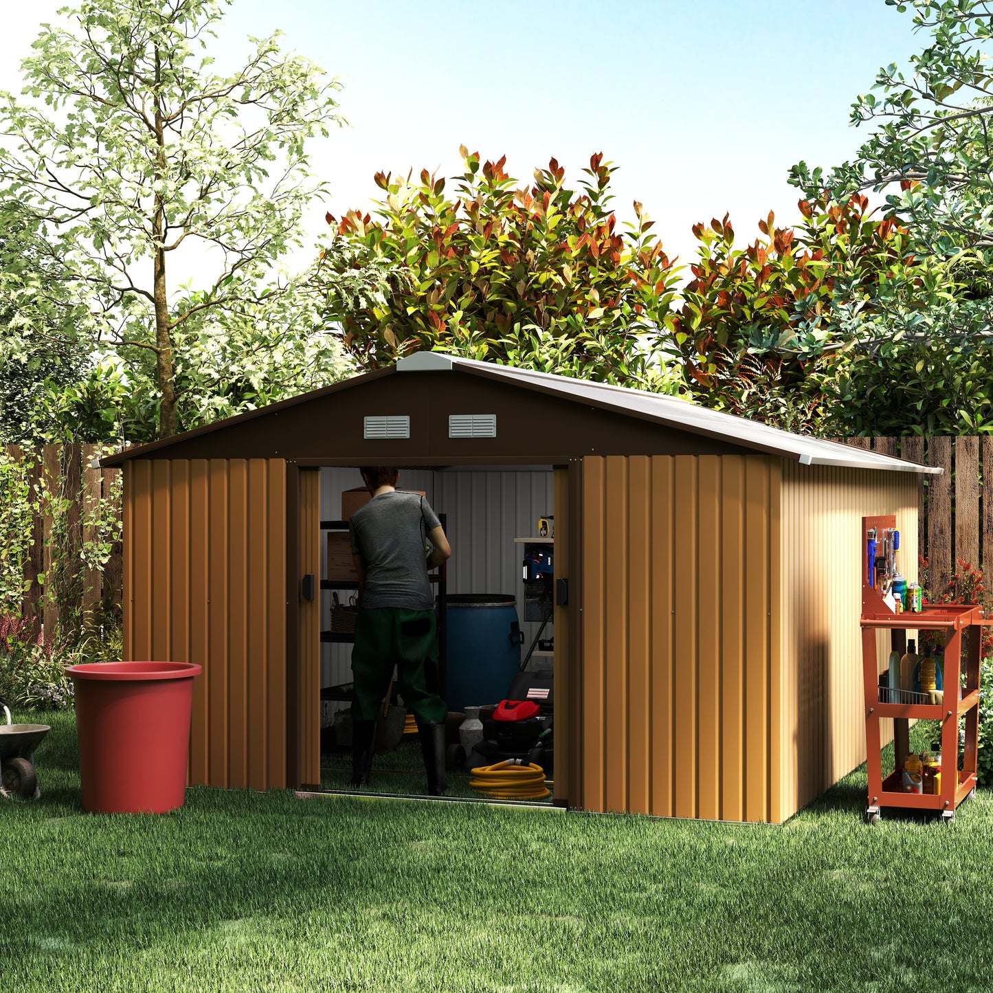 11' x 13'Garden Storage Shed w/ Foundation Kit Metal Tool Storage House w/ Double Doors Yellow