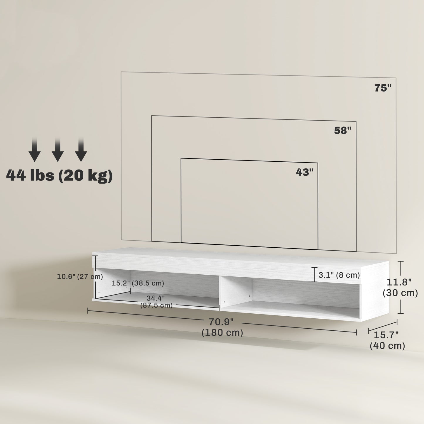 Modern Wall Mounted TV Stand with Storage and LED Lights for TVs up to 75", Floating TV Shelf for Living Room, White