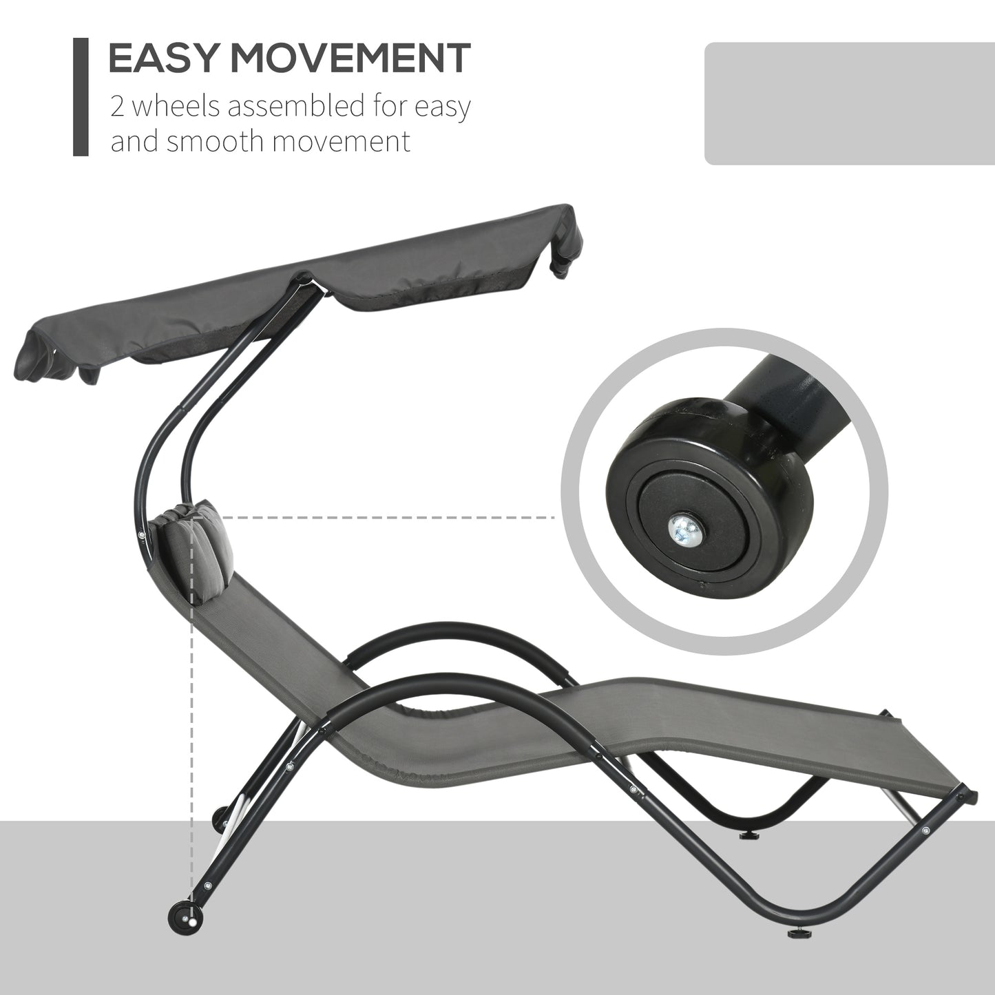 Outdoor Patio Chaise Lounge Chair, Patio Sun Lounger w/ Sunshade Roof, for Two People with Wheels and Breathable Sling Mesh Bed, Pillows, Dark Gray