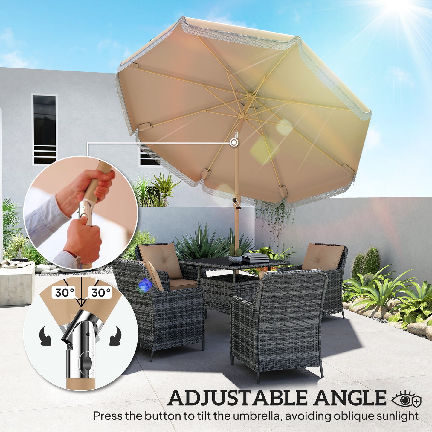 9ft Khaki Fringed Market Table Umbrella with Push Button Tilt