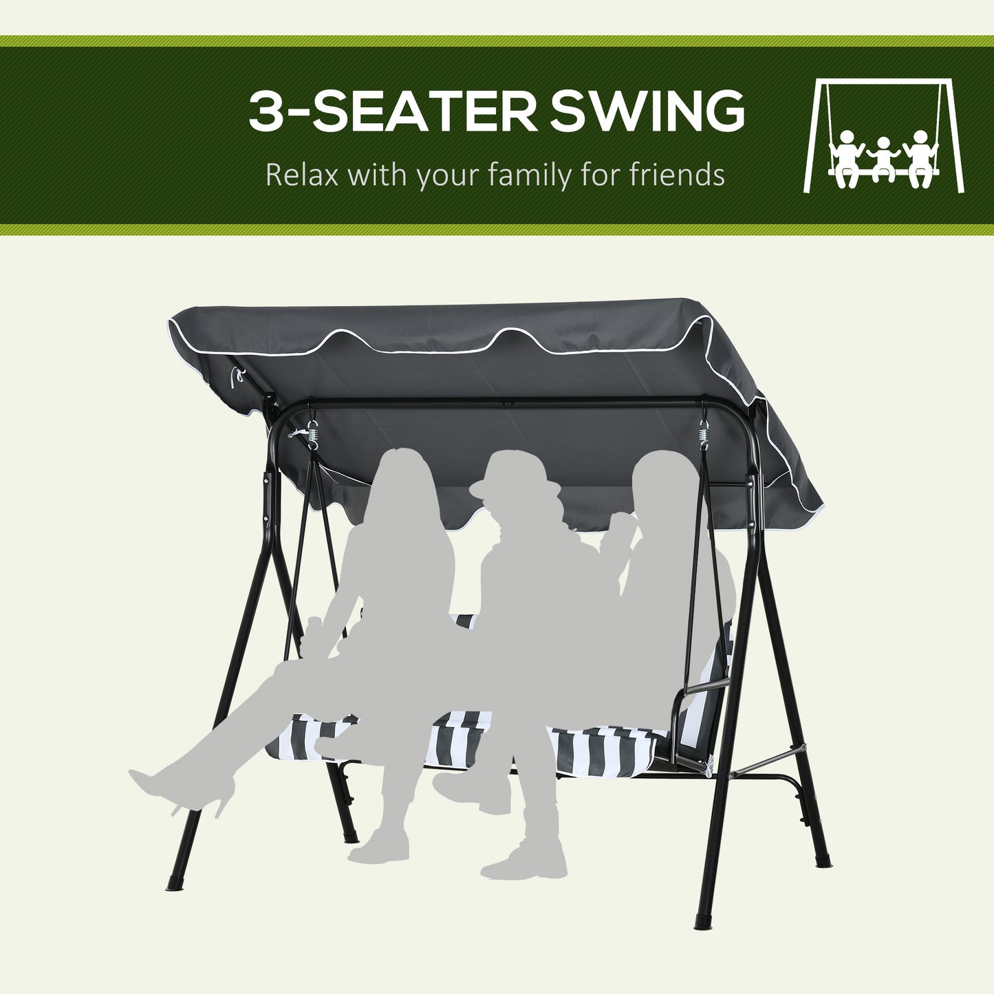 3-Seater Outdoor Porch Swing with Adjustable Canopy, Patio Swing Chair for Garden, Poolside, Backyard, Grey and White
