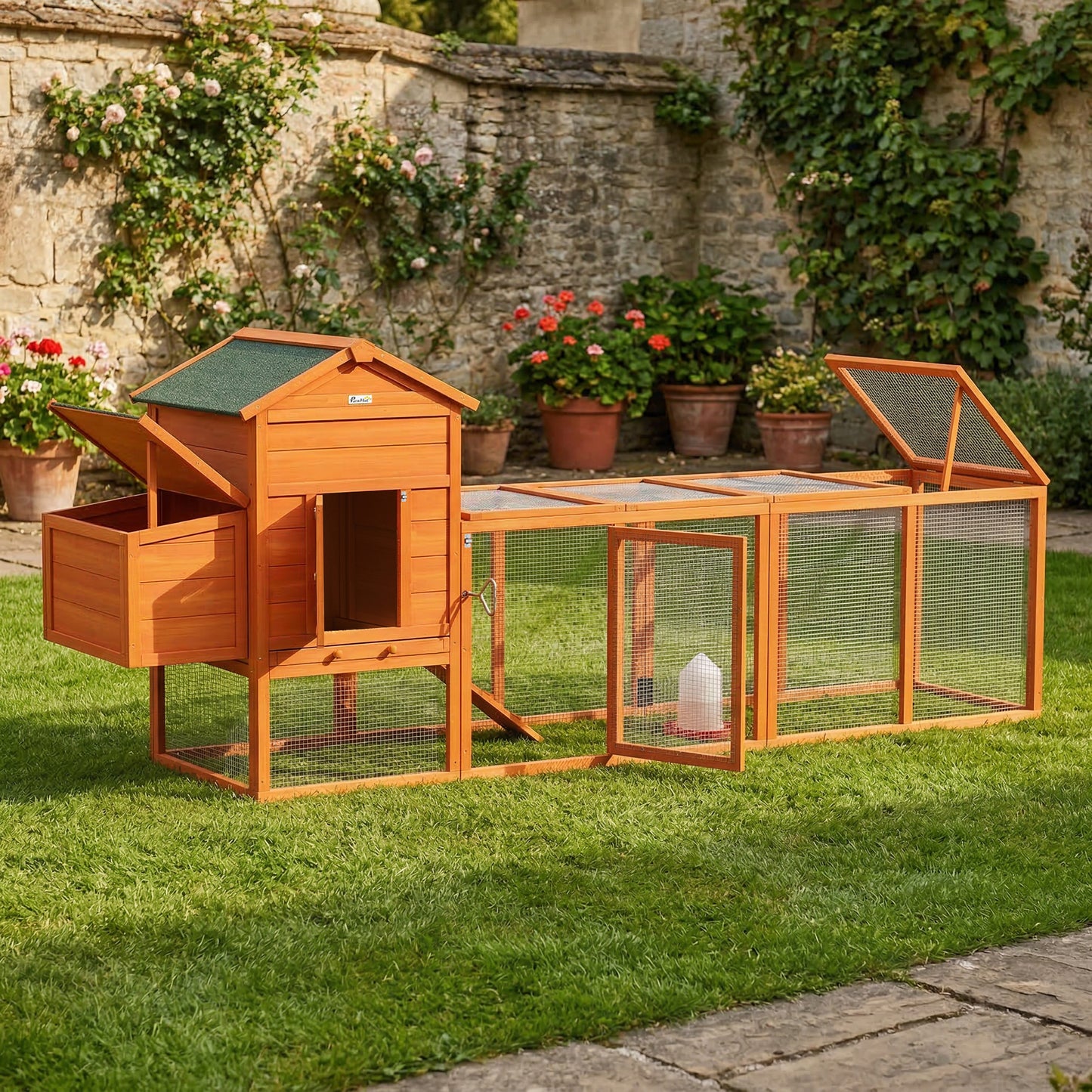 117" Extra Large Chicken Coop with Asphalt Roof, Wooden Hen House with Slide-out Tray, Quail Hutch with Nesting Box, Orange