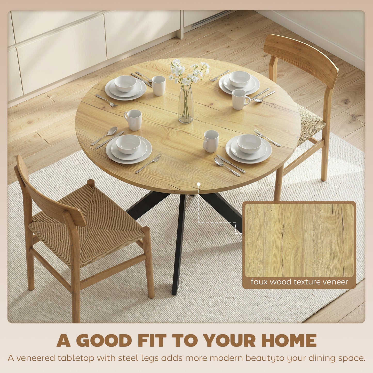 39" Dining Table, Contemporary Round Kitchen Table with Steel Legs, Brown Wood Grain