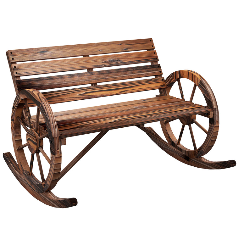 Carbonized Wood Rocking Bench with Wagon Wheel Armrests