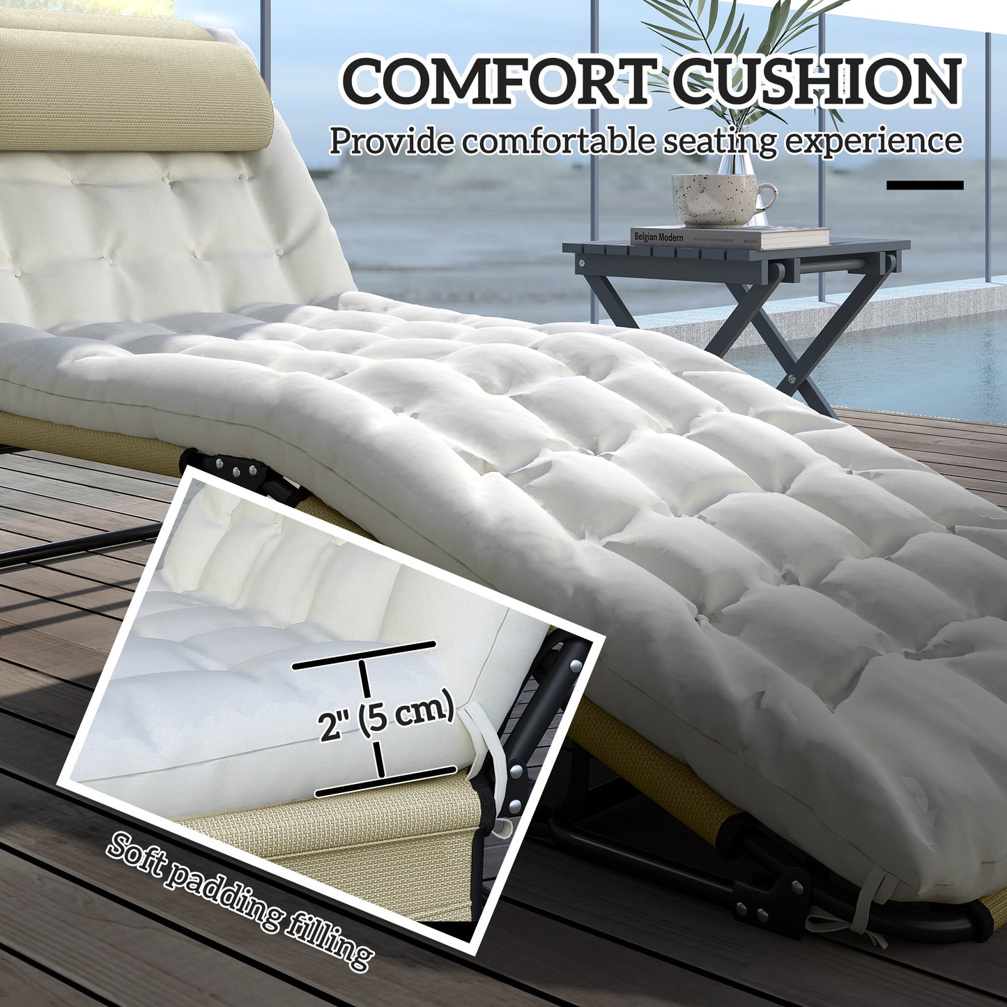 2-Piece Folding Lounge Chairs with Adjustable Backrest, Tanning Chair with Cushion, Side Pocket, Headrest, Beige