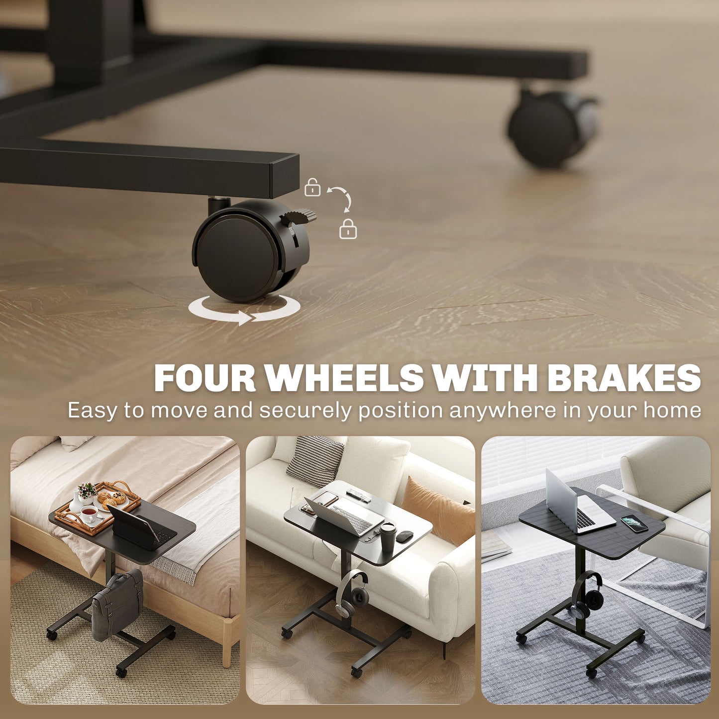 Height Adjustable Standing Desk, Pneumatic Sit Stand Desk with Wheels and Headphone Hook, Black Wood Grain