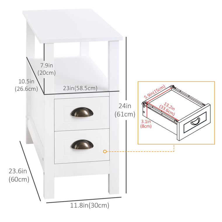 Slim End Table with 2 Drawers and Shelf - White