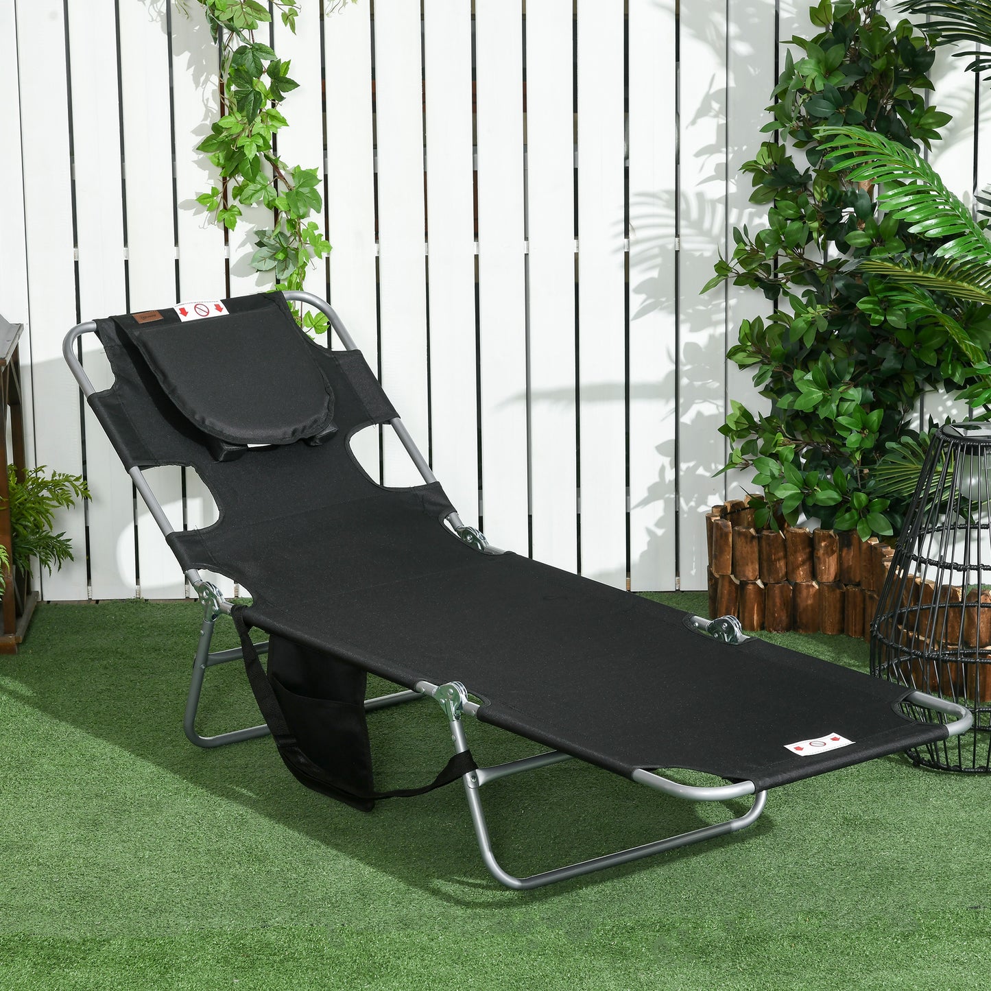 Folding Outdoor Lounge Chair, 5-Level Tanning Chair with Face Hole, Side Pocket, Carry Strap for Beach Pool, Black
