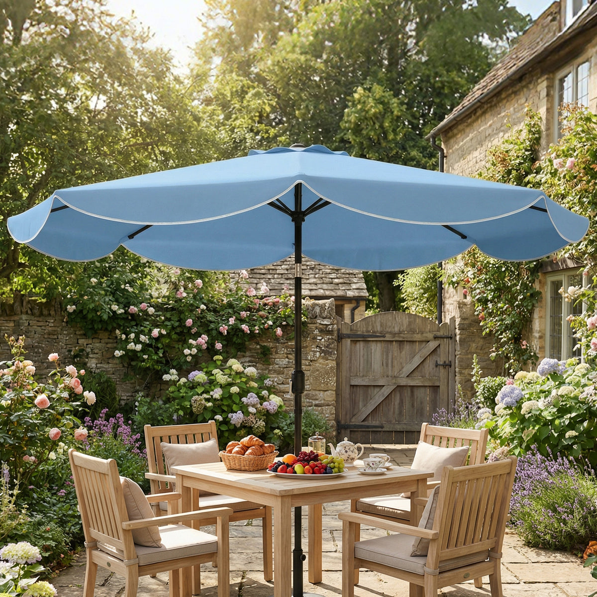 9' x 9' Sky Blue Round Market Umbrella with Valance & Tilt Crank