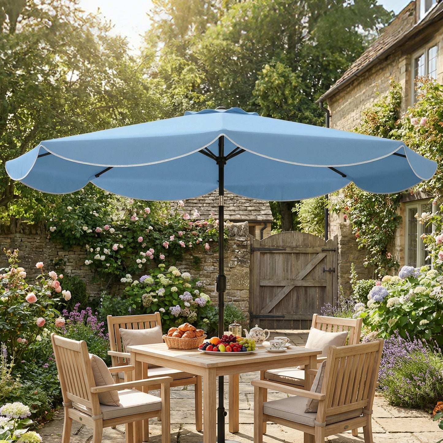 9' x 9' Sky Blue Round Market Umbrella with Valance & Tilt Crank