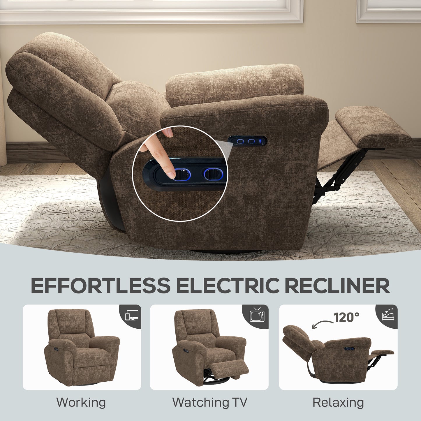 Power Recliner Chair, Fabric Upholstered Recliner Chair with USB Ports, Swivel and Rocking Function, Footrest