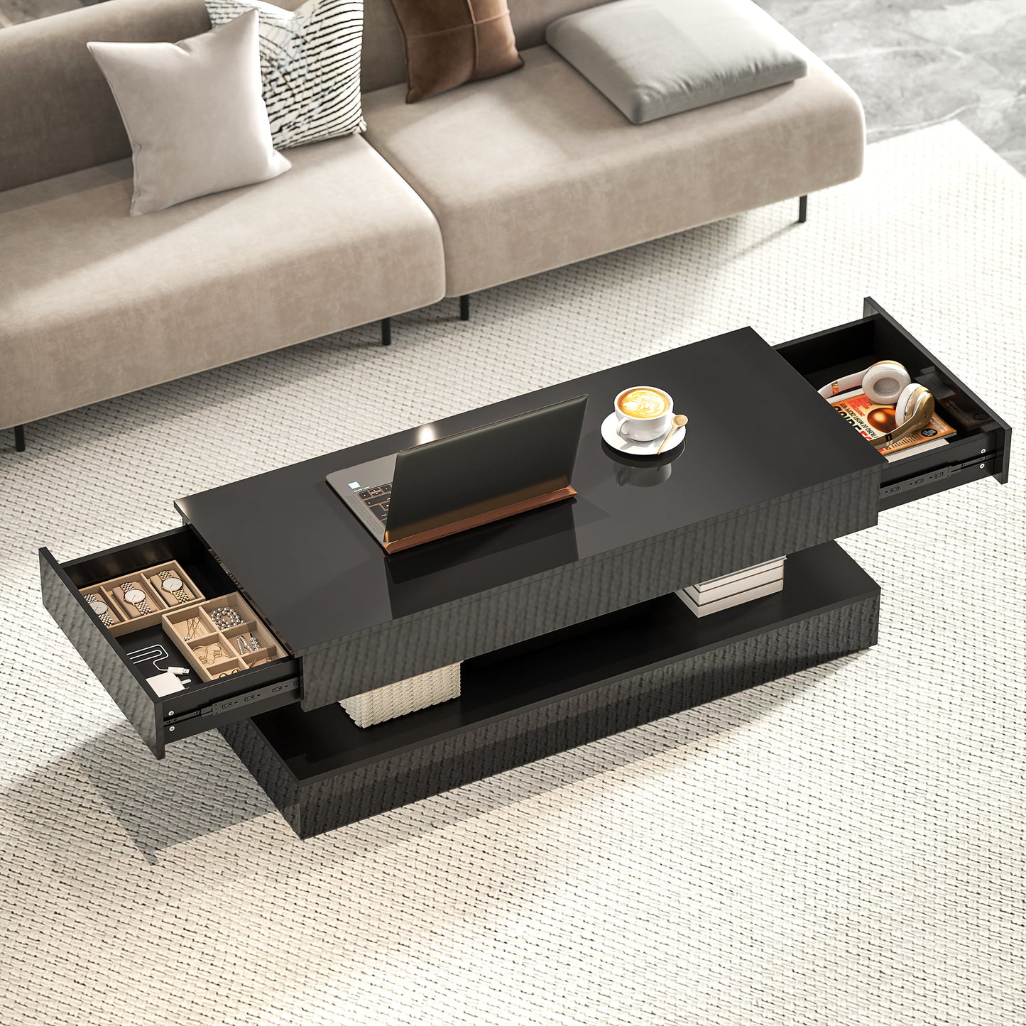 Coffee Table with Adjustable LED Lights, Modern Living Room Table with 2 Drawers, Open Shelf, Remote, High Gloss Black