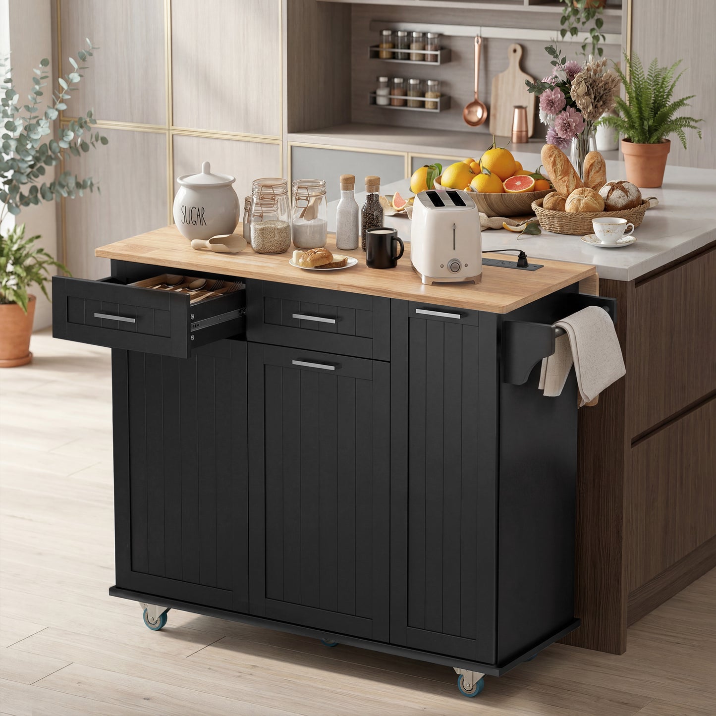 Kitchen Island on Wheels with Wood Drop Leaf, Charging Station, Rolling Kitchen Cart with Adjustable Shelf, Black