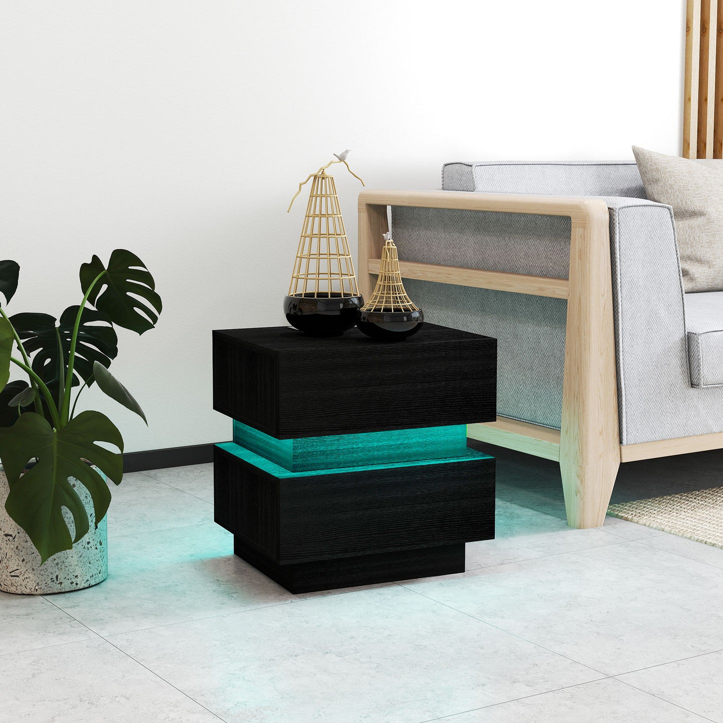 Bedside Table with Charging Station and LED Light Modern Nightstand with USB Ports AC Outlets Drawers Remote, Black