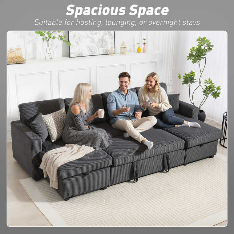 Corduroy U-Shaped Sleeper Sectional with Storage Chaise - Grey
