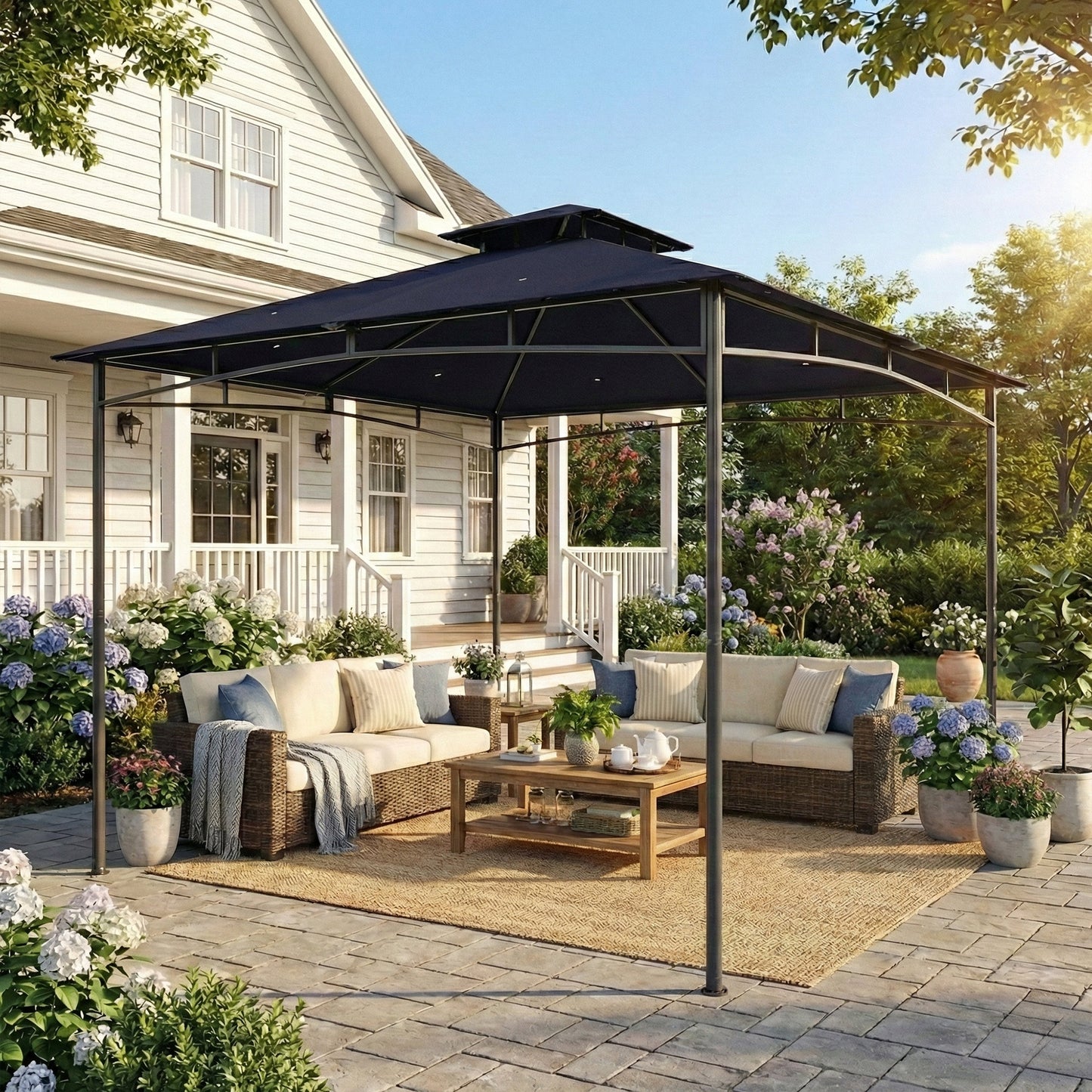 10' x 10' Gazebo, Soft Top Outdoor Gazebo with 2-Tier Roof, Metal Frame, Navy Blue